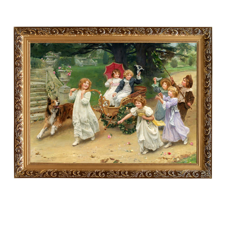 可爱小孩幼儿园挂画喷绘油画古典人物油画世界名画有框画宠物油画