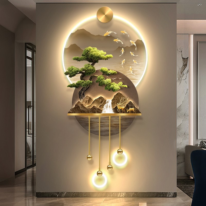 迎客松玄关发光九鱼装饰画轻奢LED灯光画福鹿走廊感应山水氛围灯