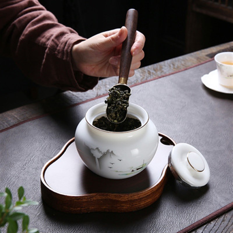 德化羊脂玉精品茶叶罐陶瓷普洱茶具白瓷密封罐存储物罐蓝彩约350m