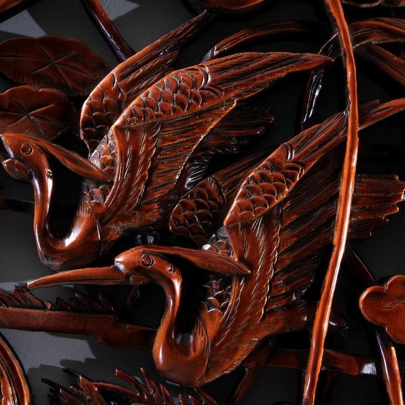 东阳木雕挂件 手工木头雕刻画工艺品中式客厅实木质艺术圆形荷花