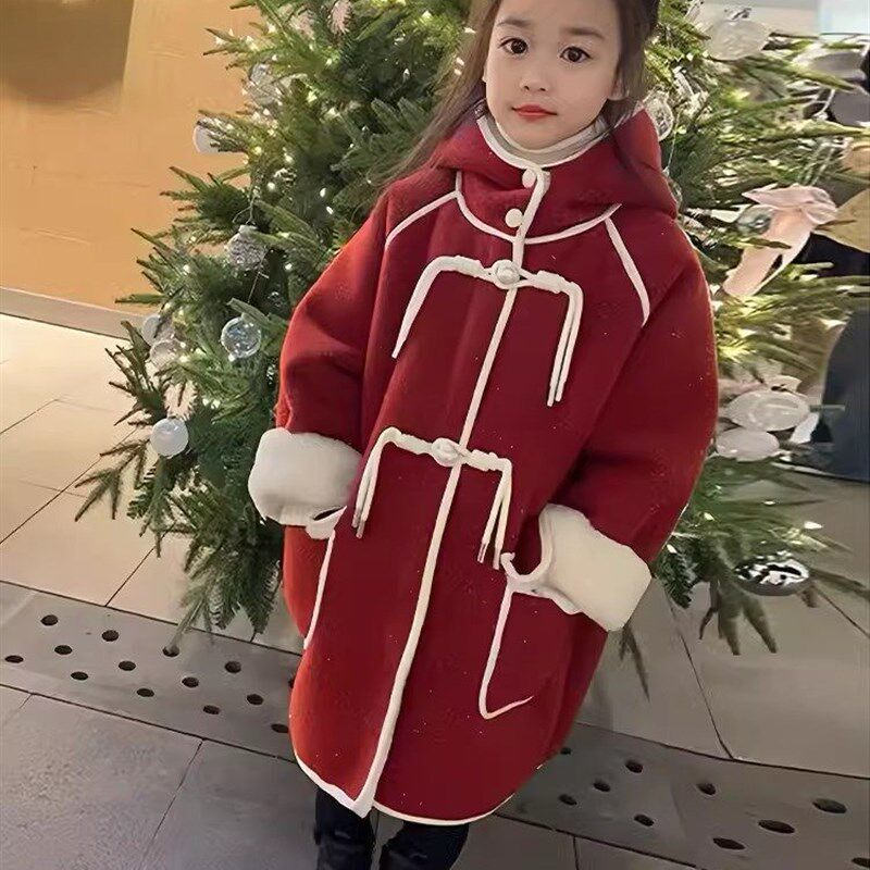 女童外套秋冬款2023新款冬季过年服儿童新年红色加绒加厚呢子大衣