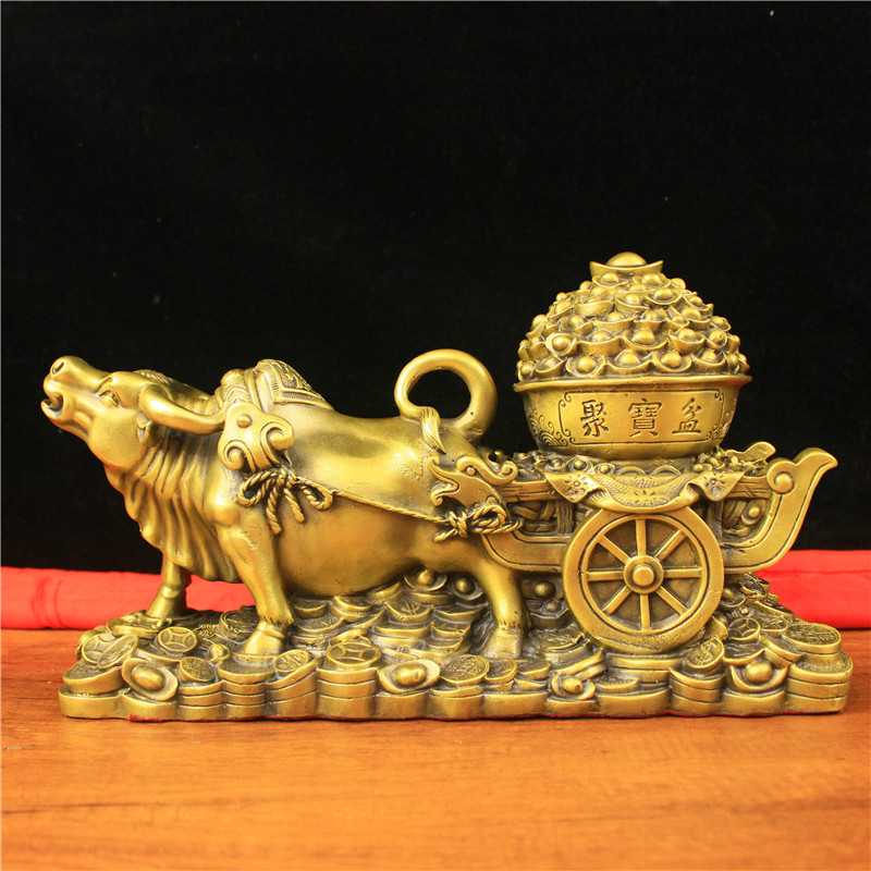 纯铜牛拉聚宝盆摆件金牛拉车家居装饰品旺市牛办公室店铺桌面摆放