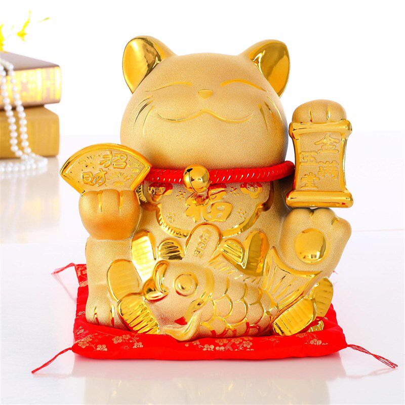 金色招财猫摆件大号陶瓷大气发财猫存钱罐或摇手开业装饰创意礼物