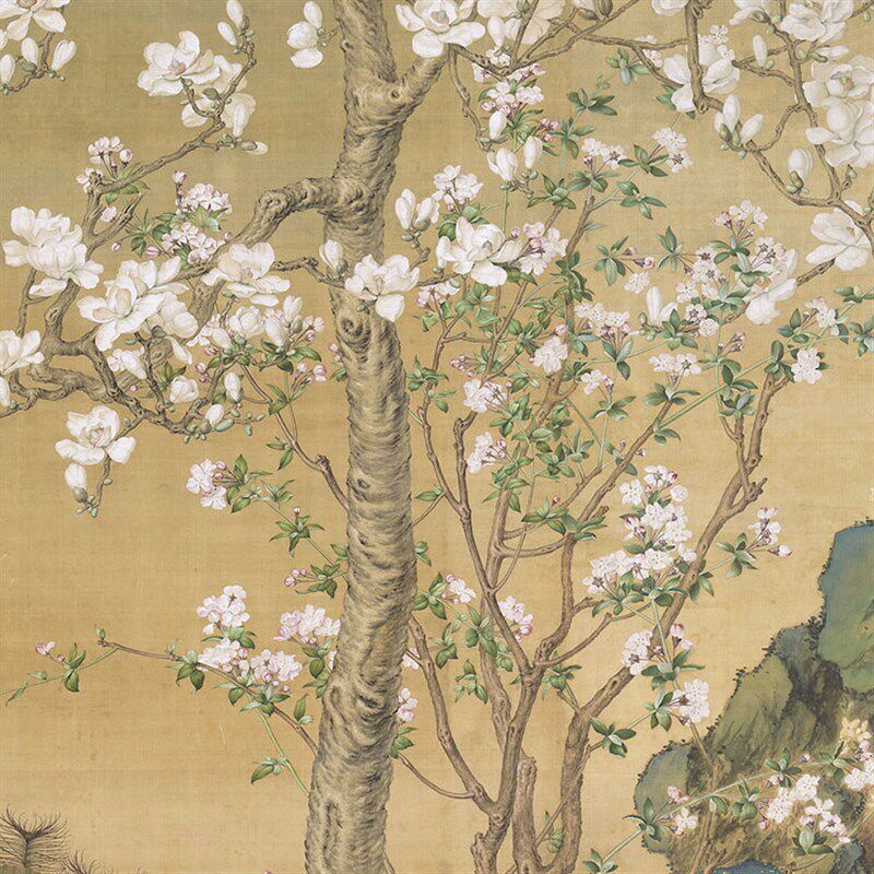 郎世宁孔雀开屏装饰挂画工笔画餐厅玄关吉祥背景新中式有框油画布