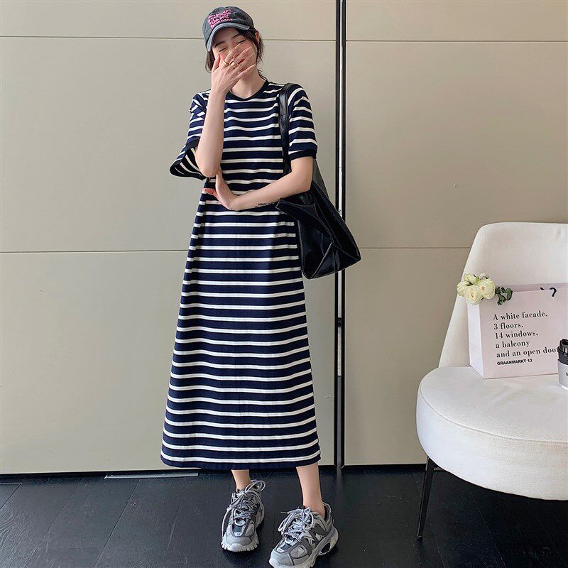 胖妹妹条纹直筒显瘦大码长裙欧美宽松t恤裙2024夏季新款懒人裙子