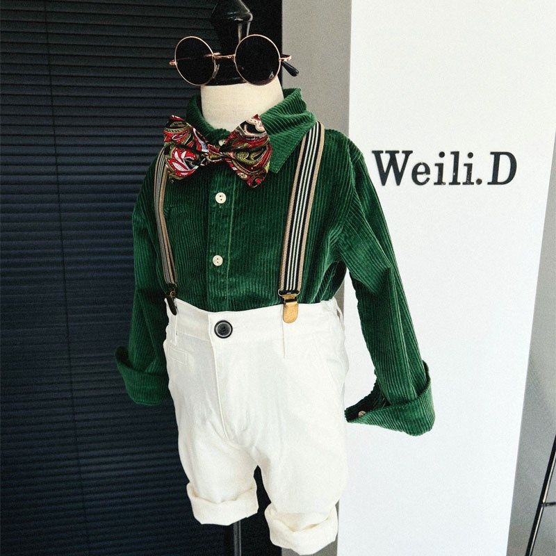 男童英伦风演出服 儿童春季新款走秀礼服复古摄影衬衫背带裤套装