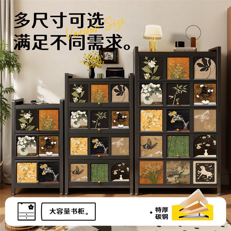 中古风钢制书柜收纳柜一体置物架落地儿童客厅带柜门防尘飘窗书架