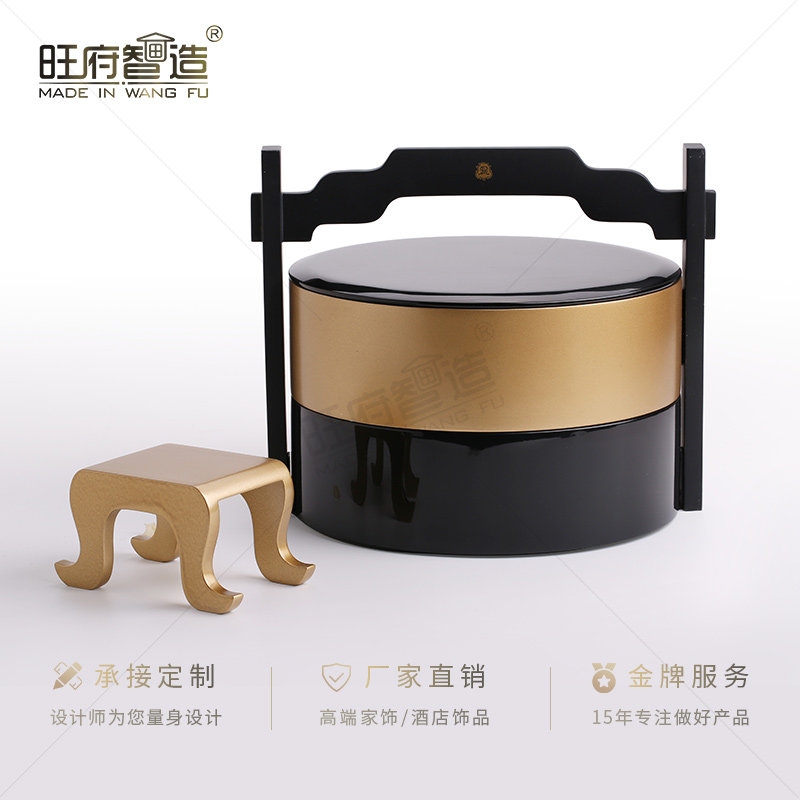 新中式样板房酒店轻奢创意装饰摆件多层实木漆器圆提篮食盒糖果盒