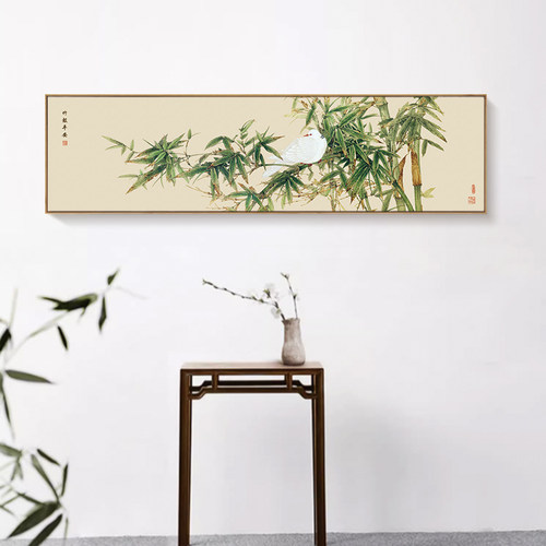 新中式客厅装饰画竹报平安横幅茶室挂画绿植书房画横幅床头画花卉