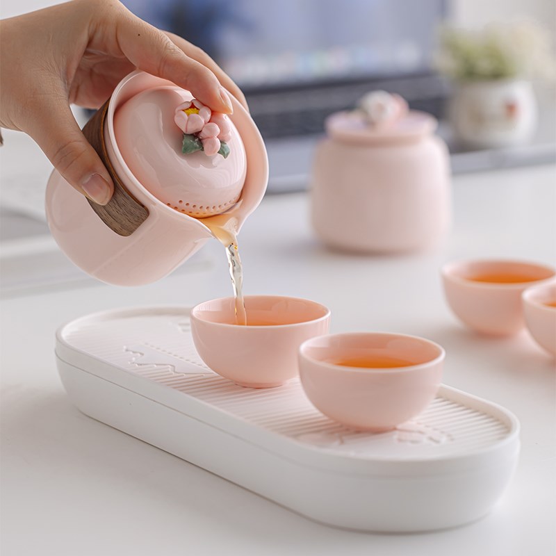 粉色快客杯便携式户外泡茶壶一壶三杯喝茶装备功夫旅行茶具套装