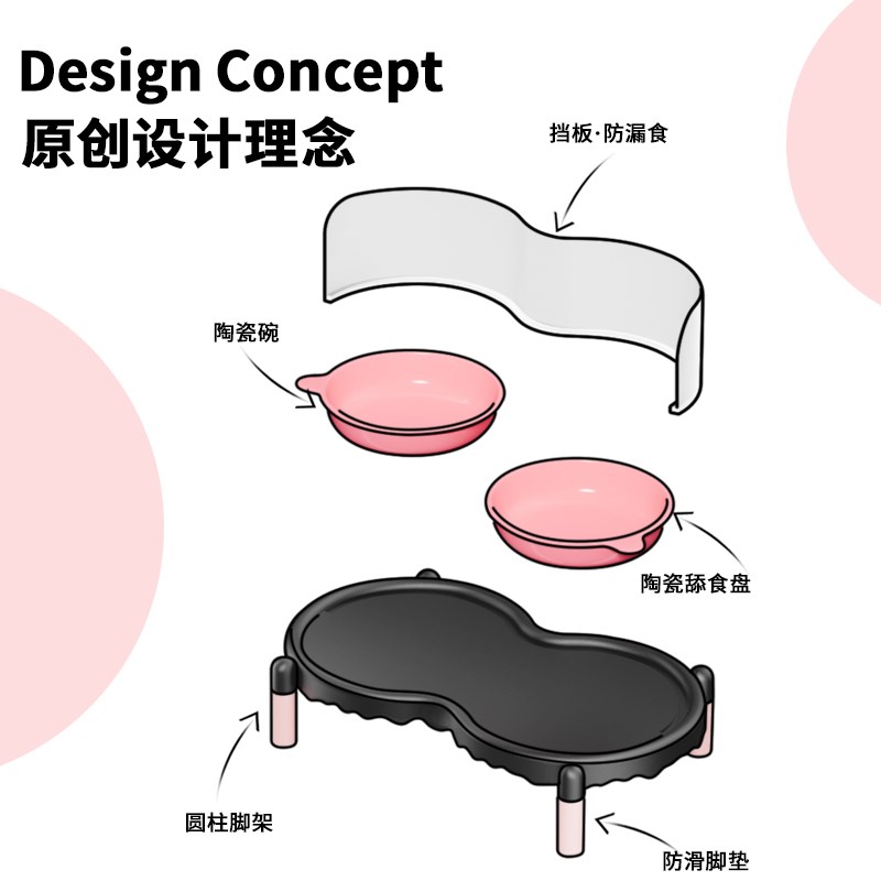 猫碗陶瓷防漏双碗一体猫食盆狗碗增高保护颈椎防打翻双碗喝水喂食
