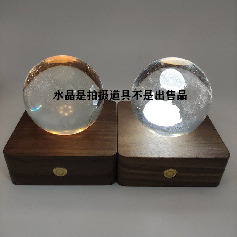 实木黑胡桃LED发光底座3D内雕水晶球小夜灯佛像摆件卧室床头台灯