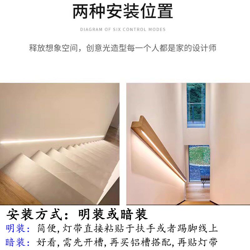 楼梯流水跑马灯带人来即亮扶手踢脚线氛围灯上下双向装线槽可明装