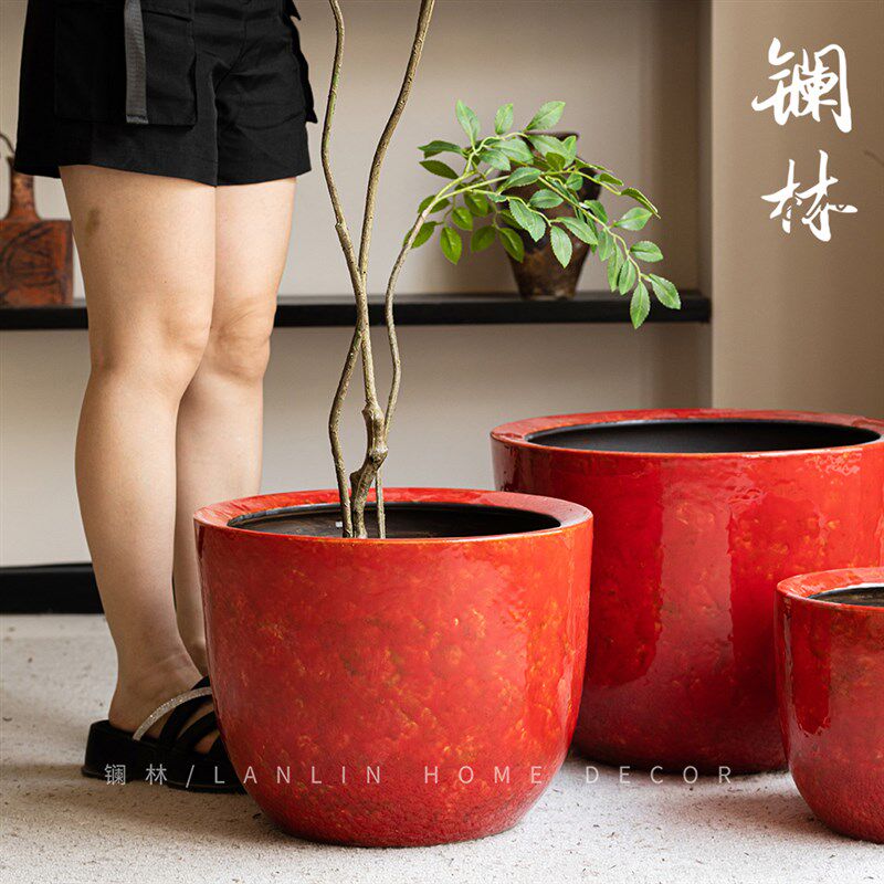 景德镇红色陶瓷花盆家用大号侘寂垂丝茉莉高款龟背竹花器银朱花盆