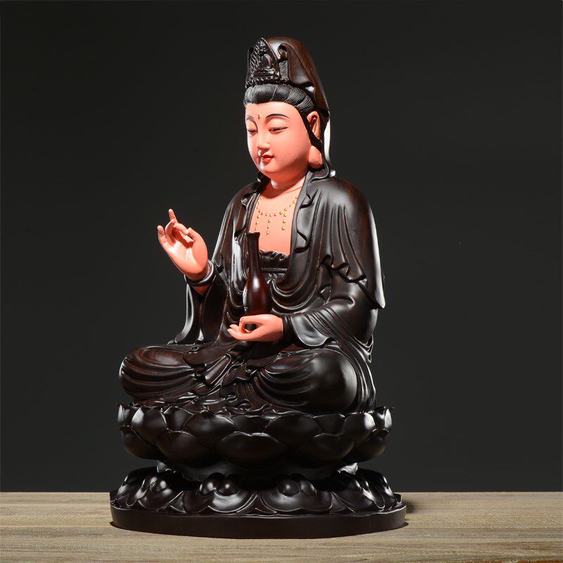 知府黑檀木雕彩绘观音摆件观世音菩萨家居客厅店铺玄关装饰工艺品