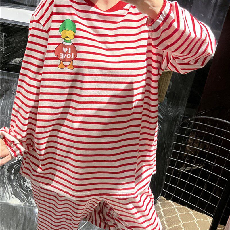 长袖情侣男女睡衣薄款显瘦条纹可爱卡通家居服大码胖mm200斤套装