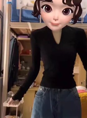 春秋百搭修身显瘦黑色t恤女长袖设计感收腰短款v领内搭打底衫上衣