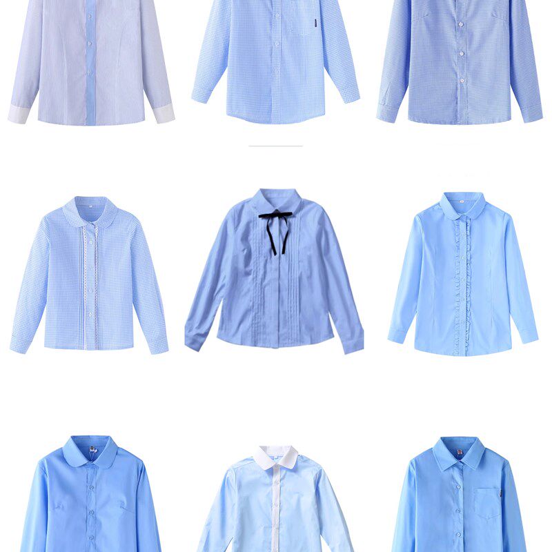 儿童男女童蓝色长袖棉衬衫春秋款中小学生校服英伦白色紫色衬衣