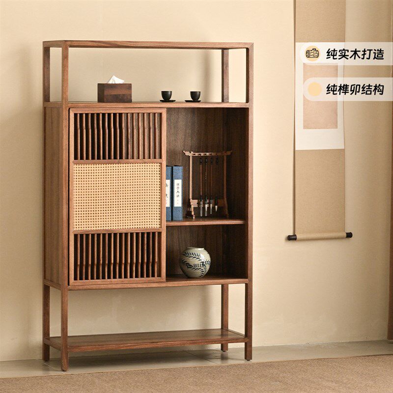 纯实木博古架展示柜子新中式餐柜置物架中古法日式厨房斗柜藤编