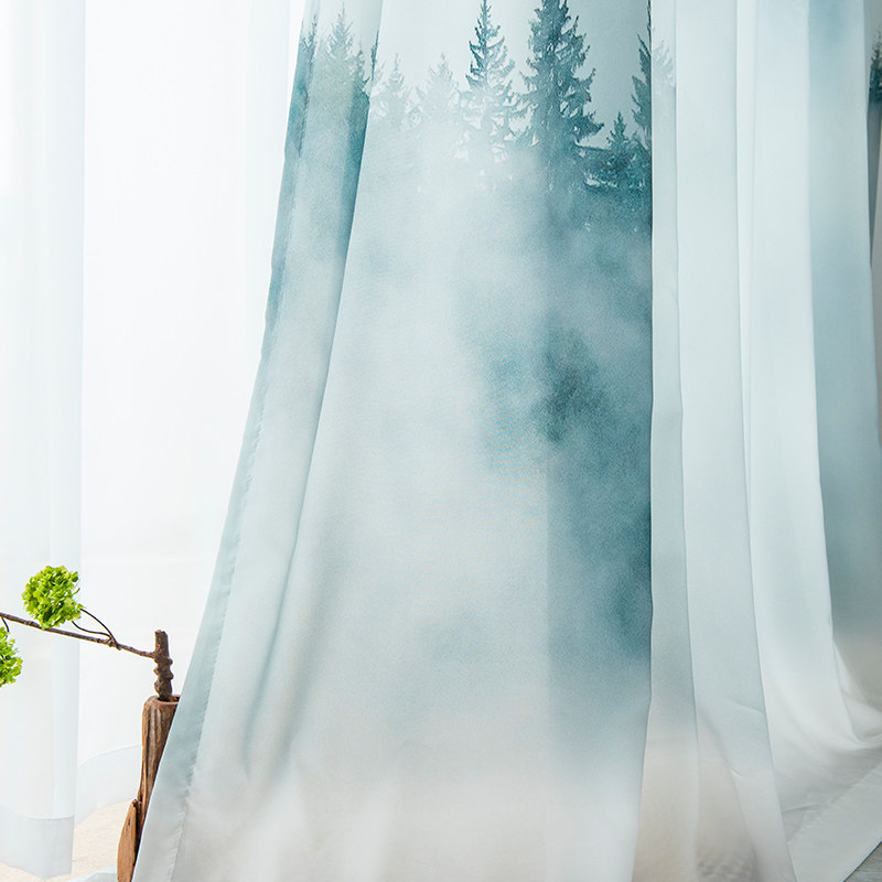 新中式窗帘山水水墨画遮光窗纱客厅卧室飘窗阳台中国风纱帘成品
