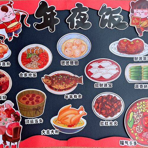 年夜饭手抄报贴纸春节大年三十除夕中国传统文化年俗识字绘本贴画