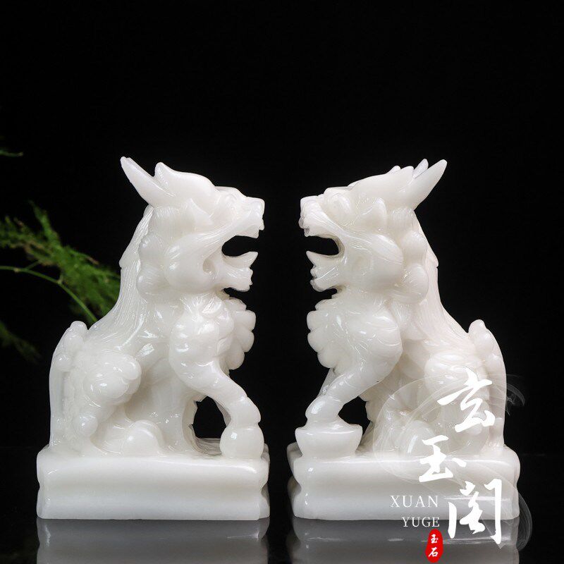 天然汉白玉招财麒麟摆件玉石麒麟一对客厅办公司玄关酒柜乔迁装饰