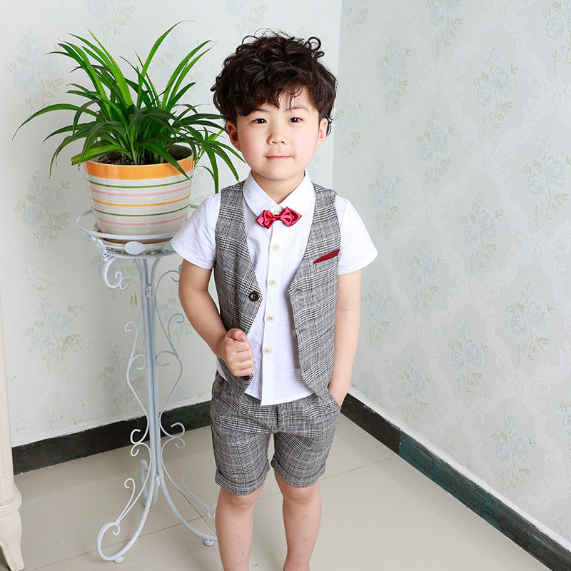 男童西装马甲三件套夏季儿童套装宝宝短袖格子礼服花童礼服演出服
