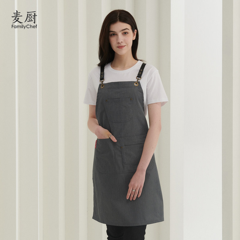 麻灰色工作围裙印字LOGO交叉背带大口袋厨房棉男咖啡师做饭防油棉