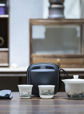 旅行茶具套装羊脂玉白瓷茶杯简约户外便携式一壶两杯快客杯泡茶壶
