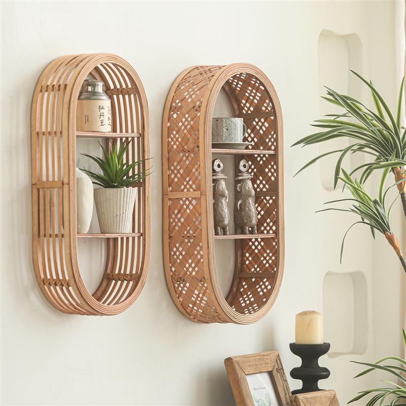 竹编椭圆挂墙置物架壁挂创意玄关墙上壁饰民宿小院客厅复古装饰品