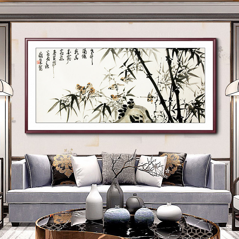 竹报平安挂画新中式客厅沙发背景墙装饰画办公室山水画国画竹子画