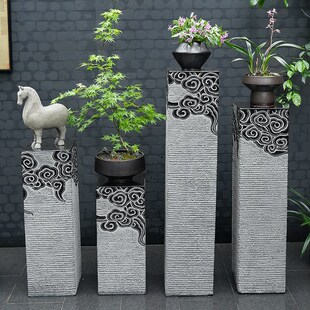 中式茶室客厅玄关家居装饰祥云柱摆件国风创意落地仿石柱花架底座