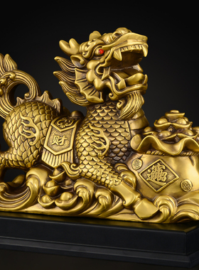 铜聚宝盆麒麟摆件一对纯铜麒麟卧室客厅大号