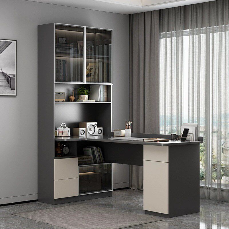 转角书桌书架一体实木电脑桌家用学习桌带书柜组合定制玻璃门书桌