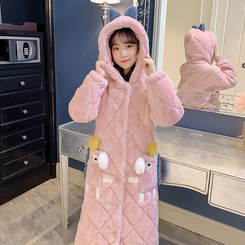 儿童睡袍睡衣冬季加厚款三层夹棉女童小孩珊瑚绒浴袍法兰绒家居服