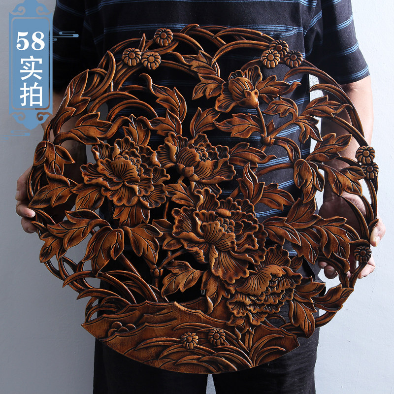 东阳木雕挂件香樟木头雕刻画工艺品中式客厅艺术卧室内装饰品牡丹