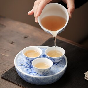 纯手绘墨染青竹快客杯简约旅行茶具个人专用户外便携式一壶三杯
