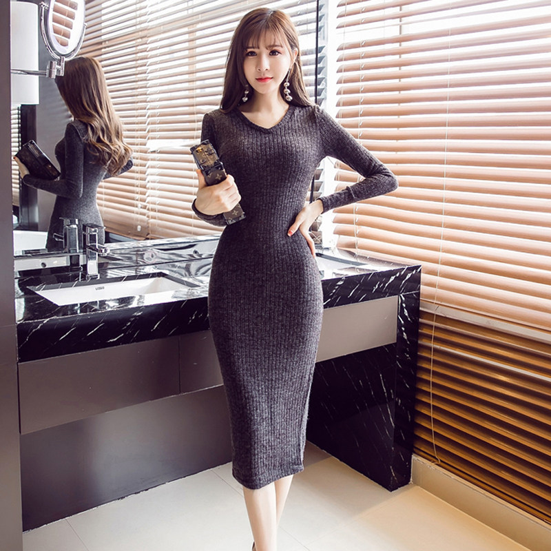 开叉针织连衣裙女2022秋冬v领加厚包臀过膝中长裙修身毛衣打底裙
