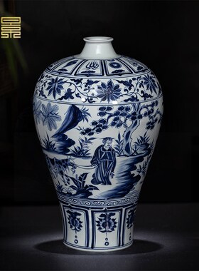 景德镇陶瓷花瓶仿古元青花瓷梅瓶手绘萧何月下追韩信客厅瓷器摆件
