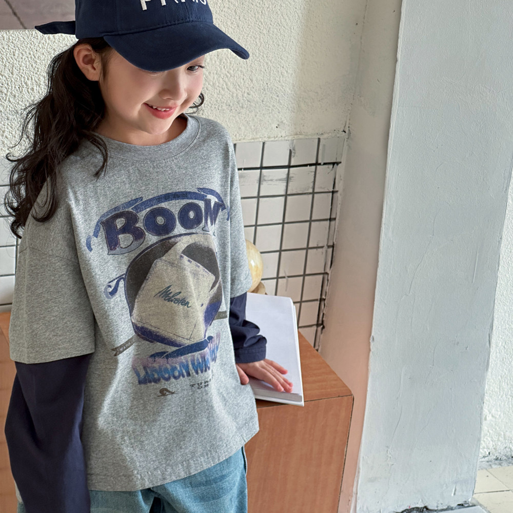 女童假两件长袖T恤春秋款2024新款中大童圆领套头宽松休闲上衣潮