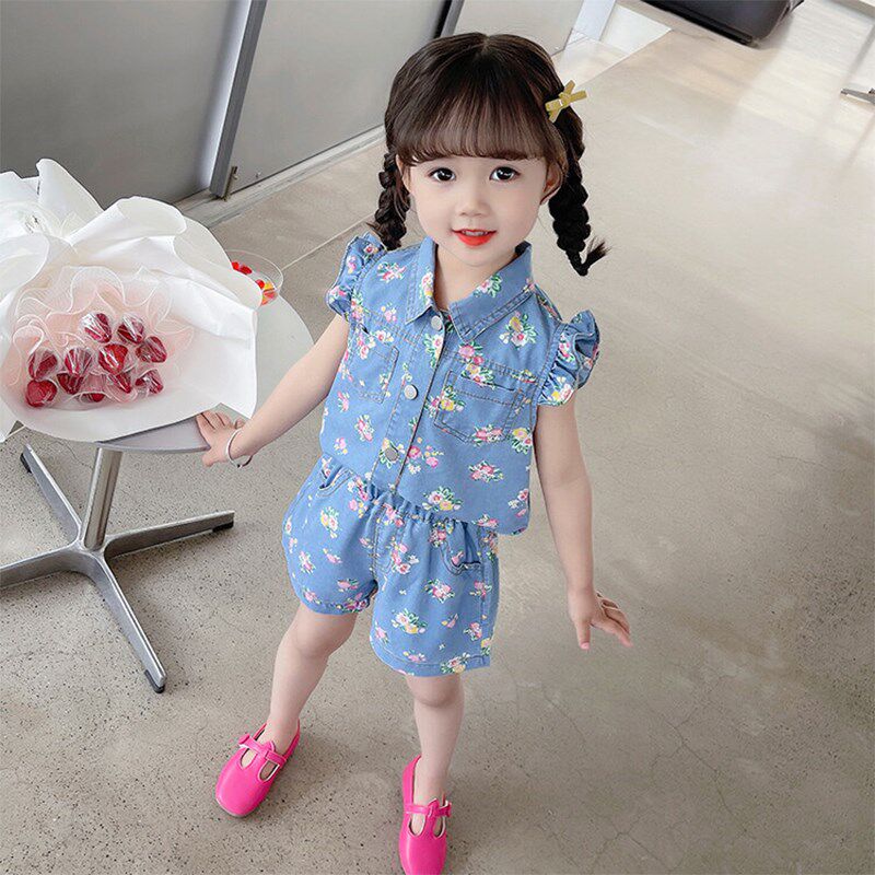 女童夏季洋气时髦牛仔套装2024新款儿童宝宝短裤夏装薄款衣服童装
