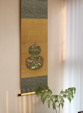 元代陈琳葫芦花瓶图中式客厅书房复古卷轴挂画茶室餐厅过道装饰画