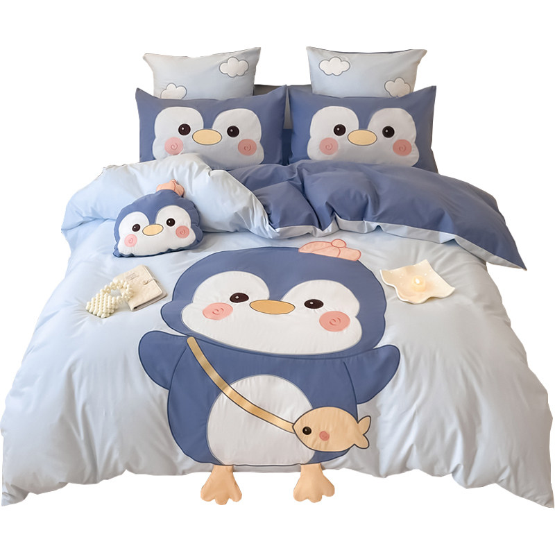可爱卡通女孩床上用品三件套贴布绣儿童纯棉全棉床单款被套四件套