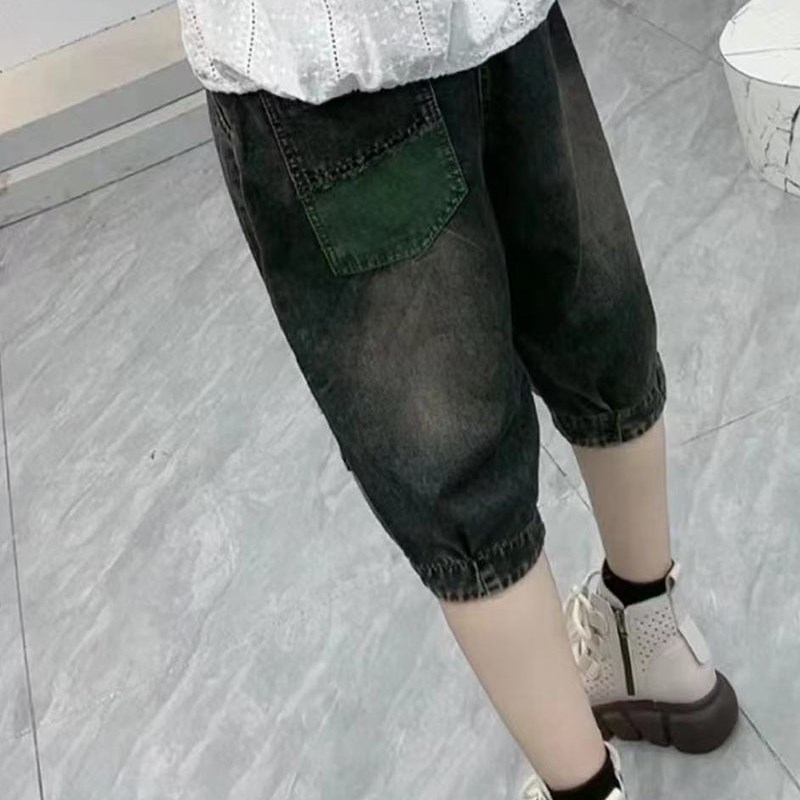 夏季复古四叶花蝴蝶贴布毛边牛仔六分裤女宽松拼接五分中裤薄马裤