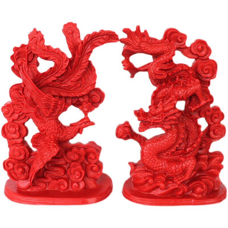 天然朱砂龙凤摆件火凤凰朱雀家居装饰品龙凤呈祥结婚订婚祝福礼物