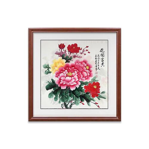 新中式牡丹玄关装饰画花开富贵客厅走廊挂画卧室餐厅壁画斗方墙画