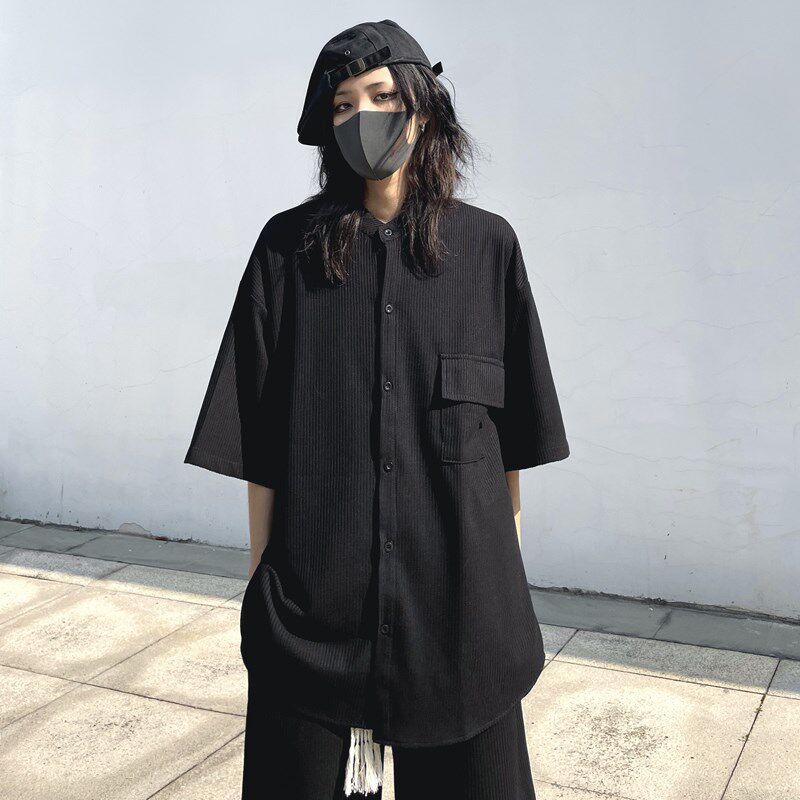 日式无领中袖衬衫夏季女装外穿衬衣黑暗系酷飒山本风宽松潮中长款