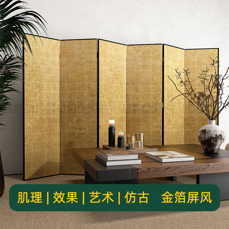 手绘肌理效果复古仿古银箔金箔屏风木板漆画折屏空间隔断背景定制