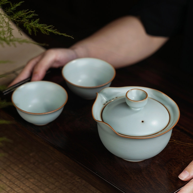 汝窑旅行茶具套装户外便携式快客杯手抓碗景德镇青瓷功夫茶具陶瓷