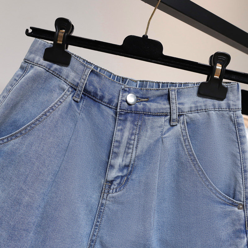 大码牛仔短裤女夏季薄款胖MM五分裤宽松显瘦200斤弹力高腰阔腿裤
